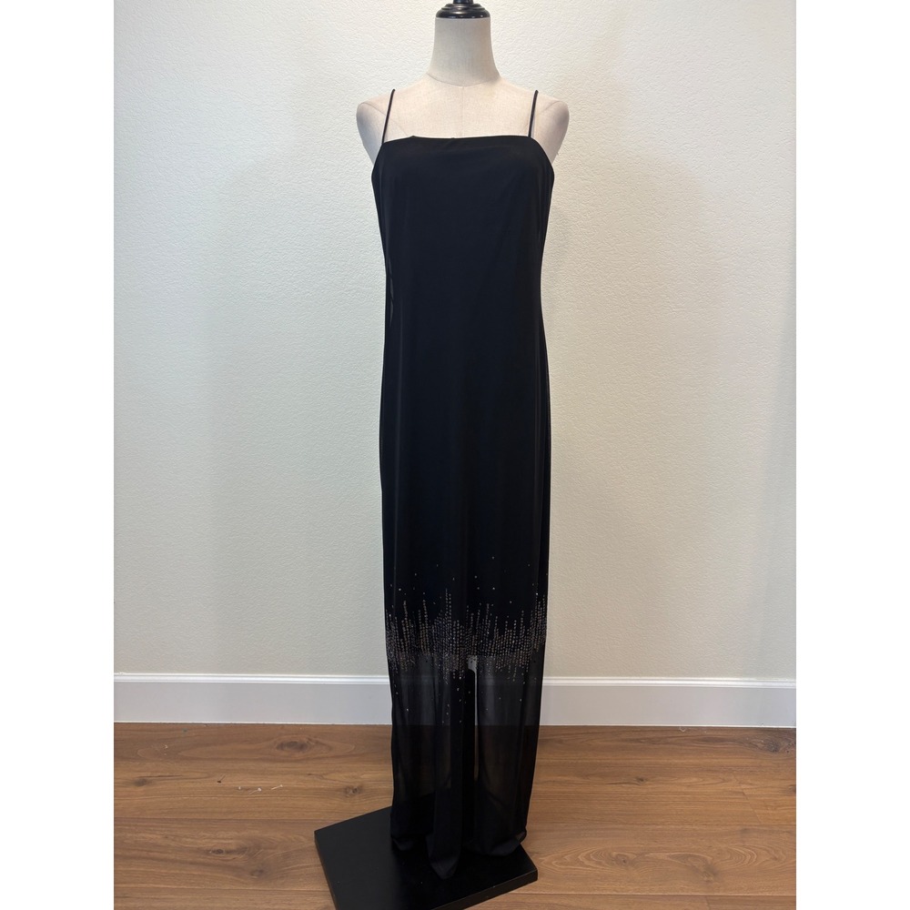 Vtg 90s Arianna‎ by Rachel Kaye Maxi Dress Women 6 Black Sheer glitter Hem Glam